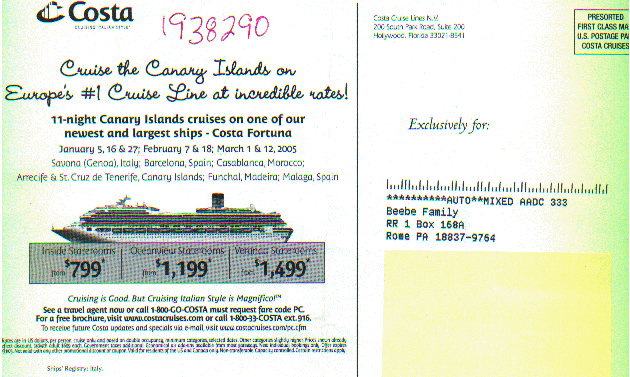 Costa Cruise Postcard, back side